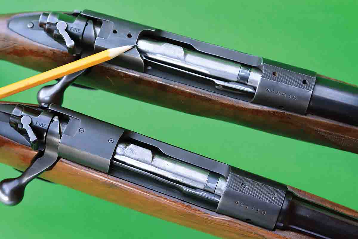 Regardless of caliber, all were built on the same basic Model 70 receiver. For example, the top rifle is chambered for 300 H&H Magnum and features a milled receiver to accept the 3.600-inch length cartridges. The rifle on the bottom is chambered in 30-06. Short-action cartridges, such as the 308 Winchester, featured internal blocks to make the action work properly.